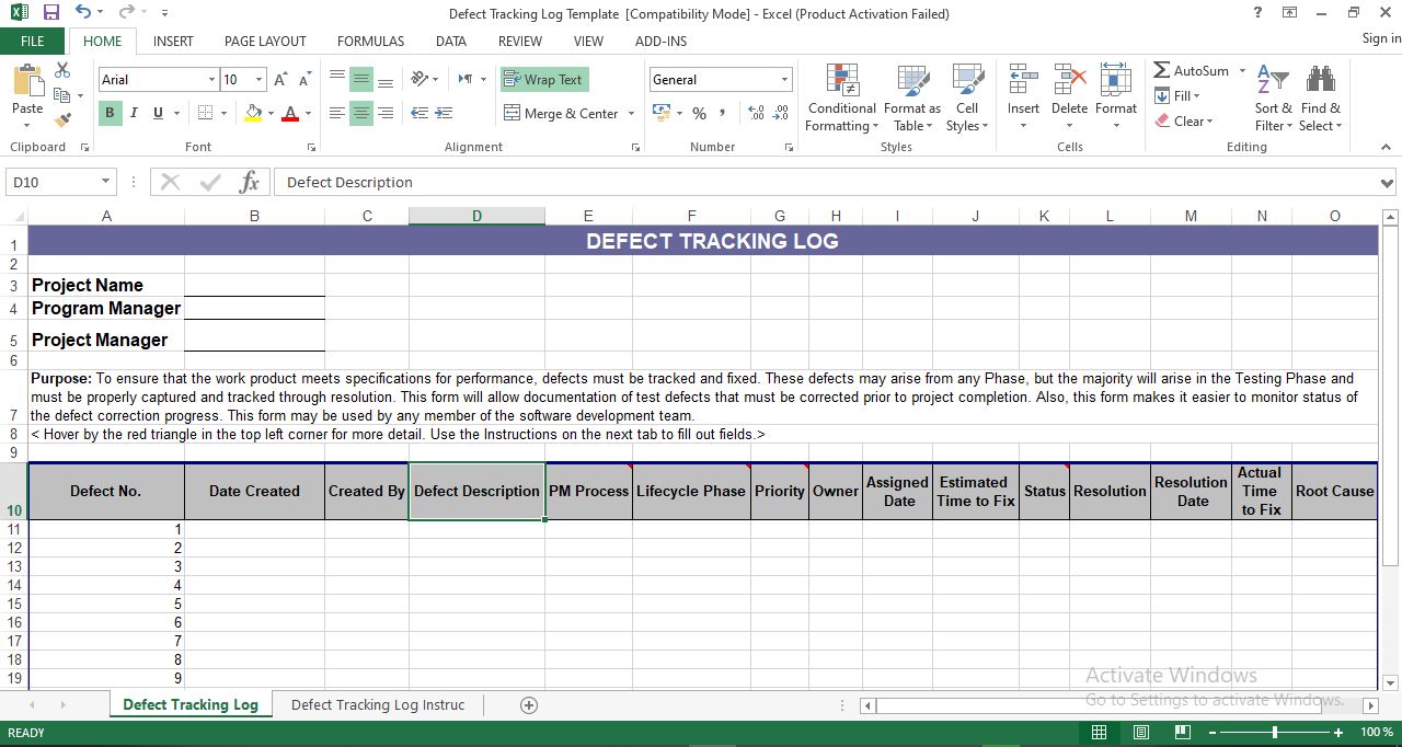 Defect Tracking Template