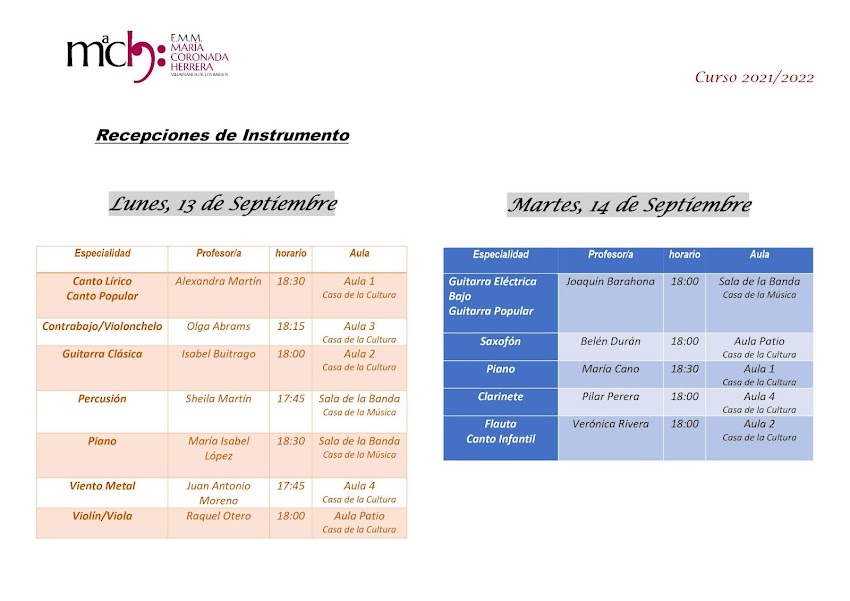 RECEPCIONES DE CLASES DE INSTRUMENTOS.