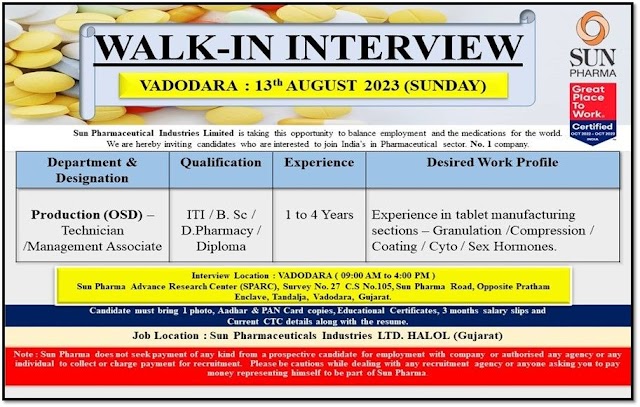 Sun Pharmaceuticals | Walk-in interview for Production on 13th Aug 2023