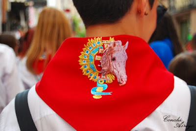 Los miembros de las peñas llevan todos este pañuelo al cuello en rojo con bordado del emblema de su peña