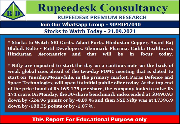 Stock to Watch Today - Rupeedesk Reports