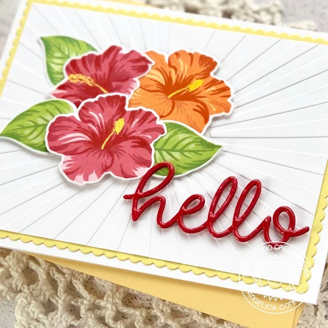 Sunny Studio Stamps: Hawaiian Hibiscus Frilly Frame Dies Fancy Frames Dies Hello Word Die Hello Card Aloha Card by Juliana Michaels and Angelica Conrad