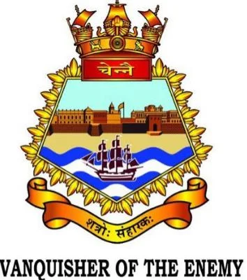 Image Attribute: The ship's crest depicts the outline of the iconic Fort St George of Chennai in the background, a part of the adjacent beach and a sloop on blue and white waves. The motto of the Crew is 'Shatro Sanharaka' meaning 'Vanquisher of The Enemy'  in Sanskrit / Source: Indian Navy Spokesperson's Twitter Handle