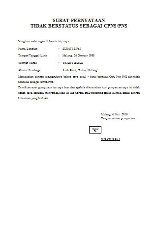 CONTOH SURAT PERNYATAAN TIDAK BERSTATUS SEBAGAI CPNS/PNS