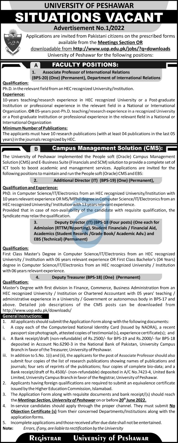 Latest University of Peshawar Education Posts Peshawar 2022