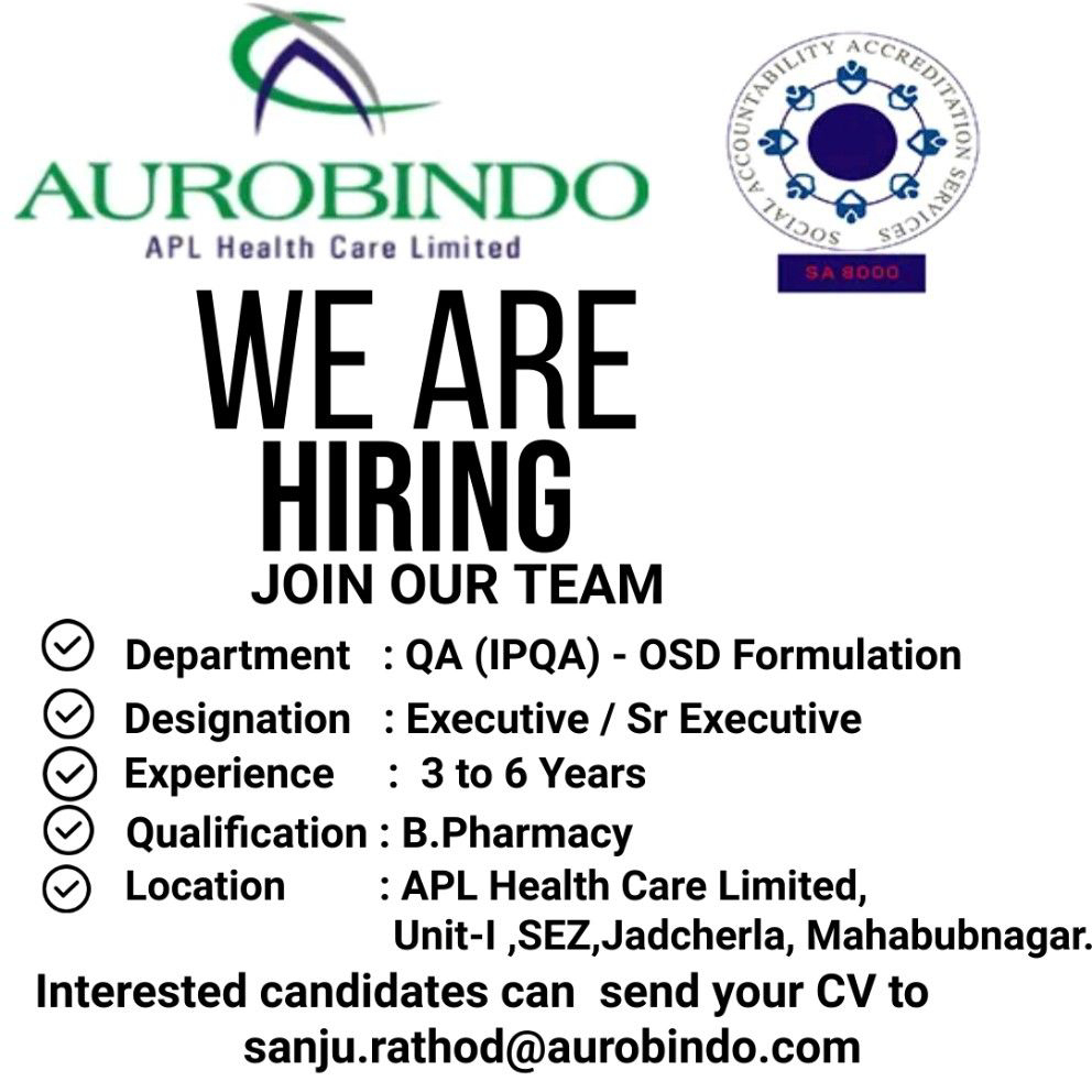 Job Available's for Aurobindo Ltd Job Vacancy for QA (IPQA) - OSD Formulation