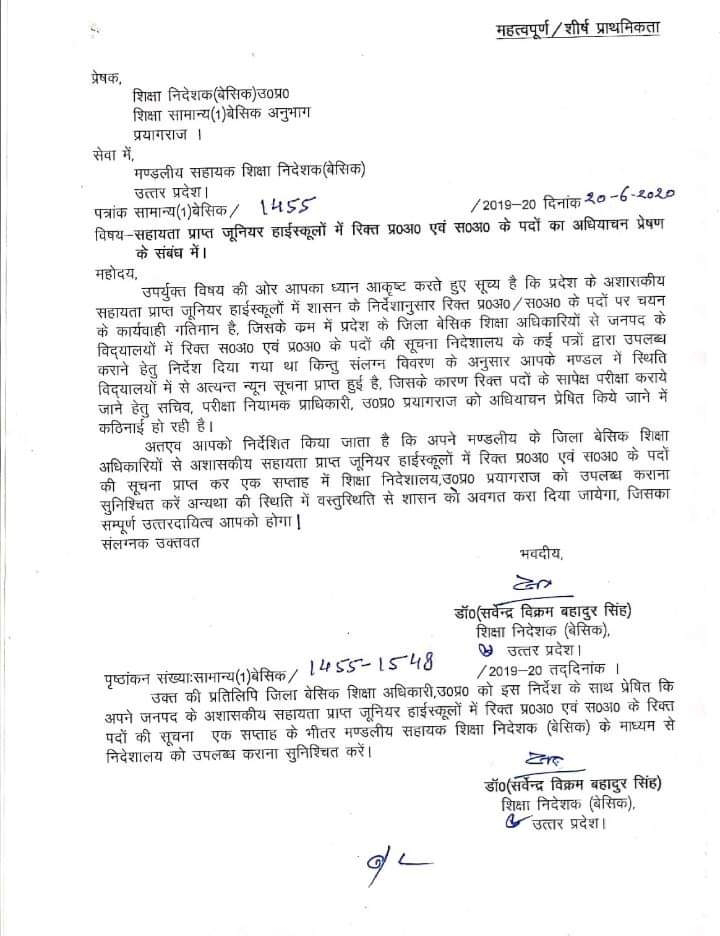 सहायता प्राप्त जूनियर हाईस्कूलों में रिक्त प्र. अ. एवम स.अ. के पदों का अधियाचन के संबंध में