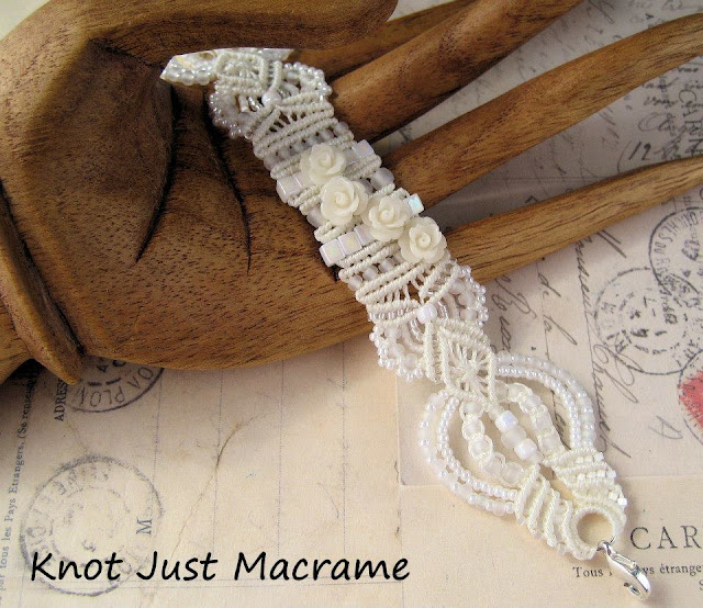 White bridal micro macrame beaded bracelet by Knot Just Macrame