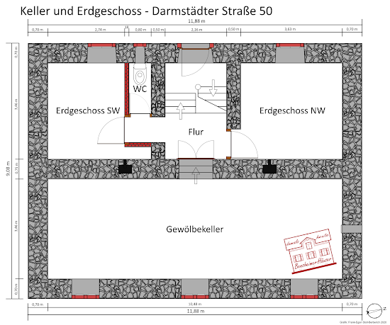 Abb. 1: Erdgeschoss und Keller - Darmstädter Straße 50, Frank-Egon Stoll-Berberich 2020