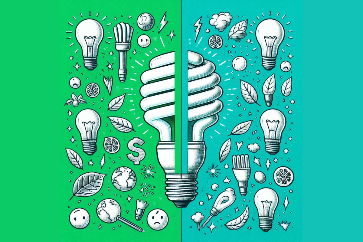 Split-image showing the negative and positive impacts of  energy-efficient bulbs vs. traditional bulbs