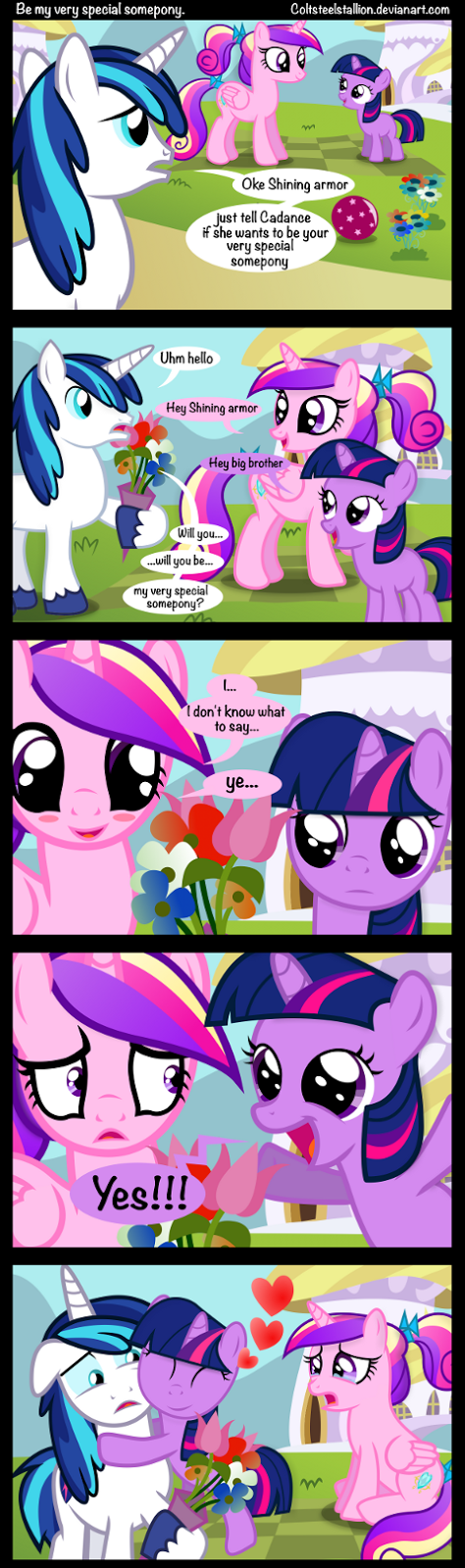 Twilight Sparkle intrudes on Shining Armor’s asking Princess Cadance to be his very special somepony.