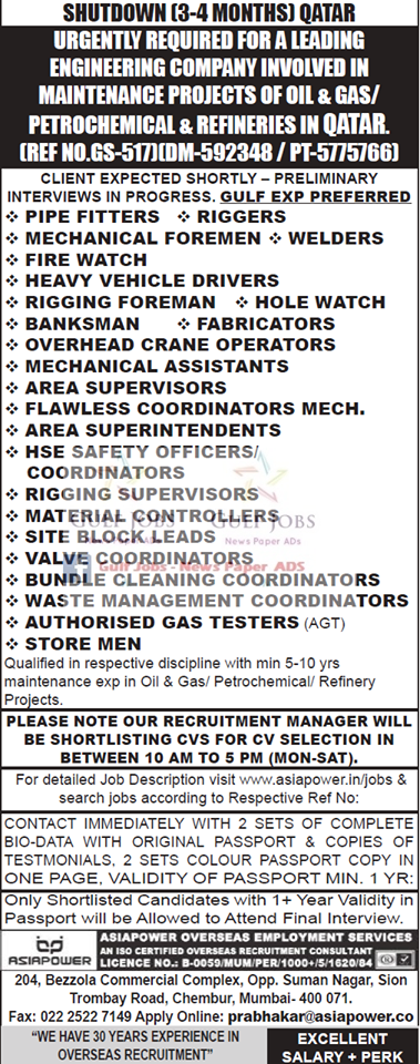Leading Oil & Gas, Petrochemical& Refinery Jobs for Qatar