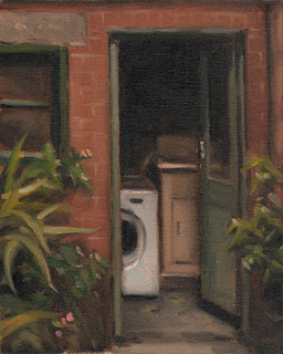 Oil painting of an open door revealing a washing machine and a sink.