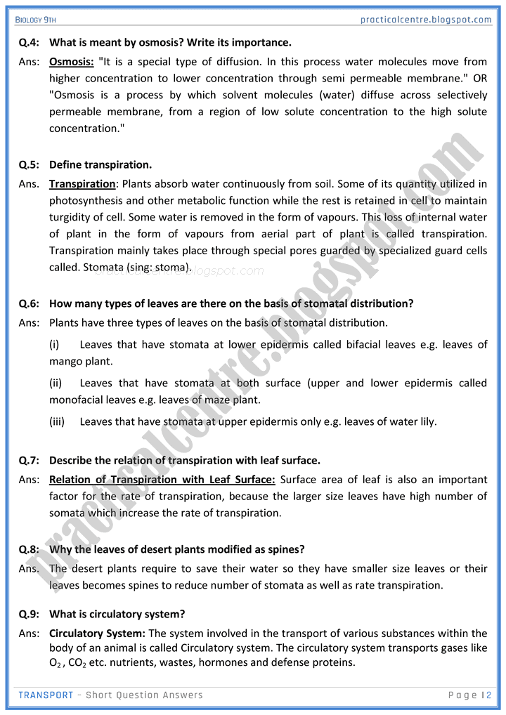 transport-short-question-answers-biology-9th-notes