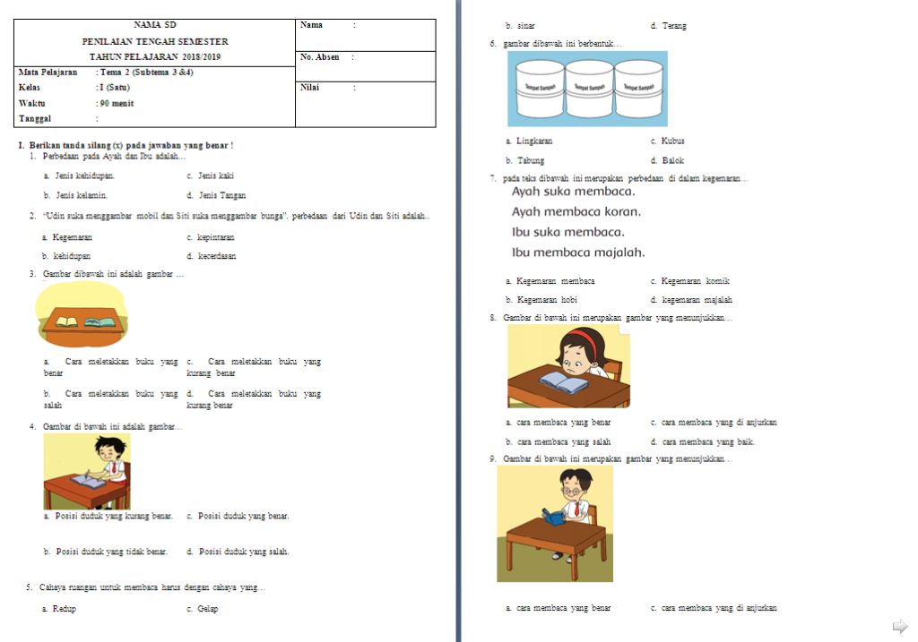 Soal UTS Kelas 1 SD/MI Tema 2 Subtema 3 dan 4