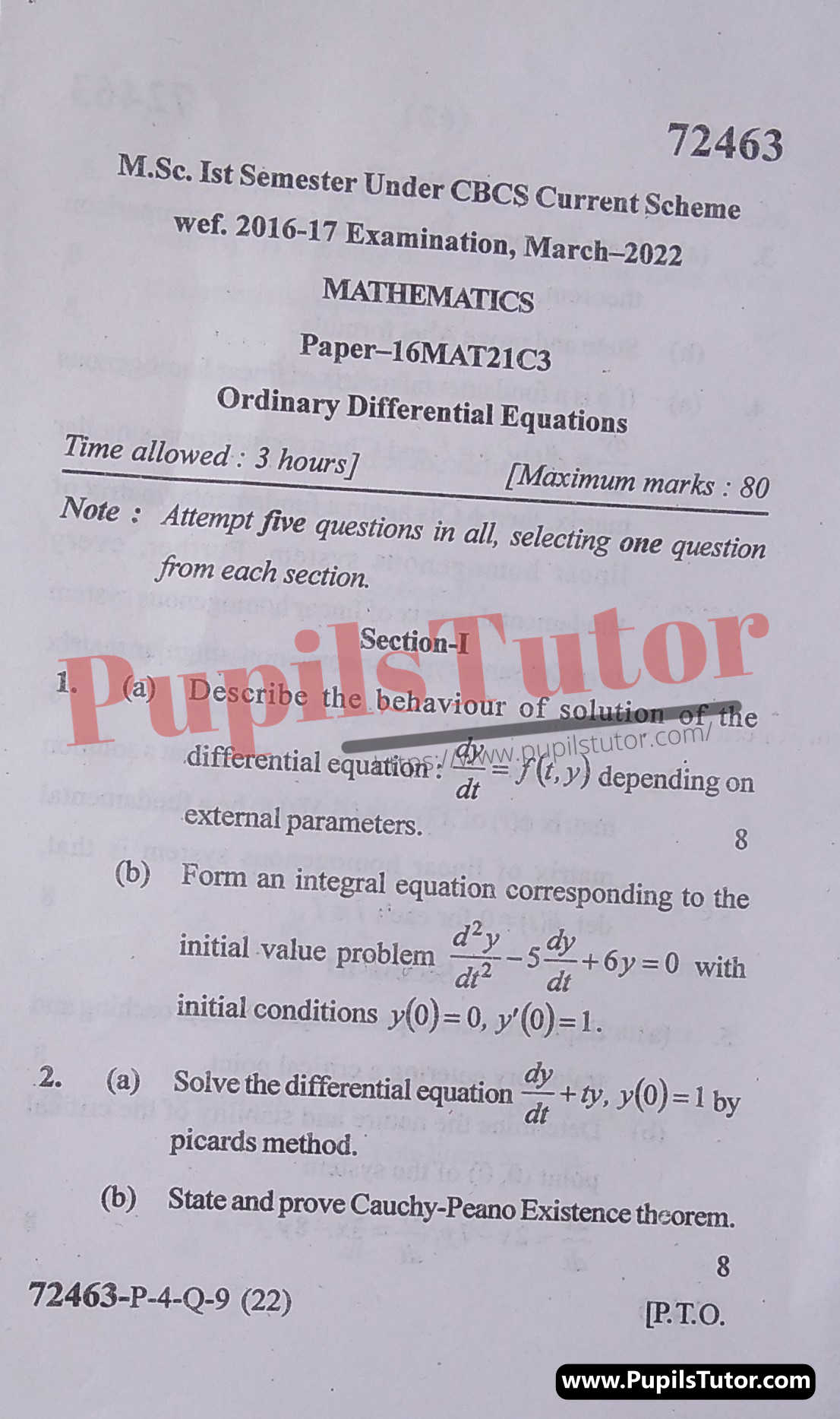 MDU (Maharshi Dayanand University, Rohtak Haryana) MSc Mathematics CBCS Scheme First Semester Previous Year Ordinary Differential Equations Question Paper For March, 2022 Exam (Question Paper Page 1) - pupilstutor.com