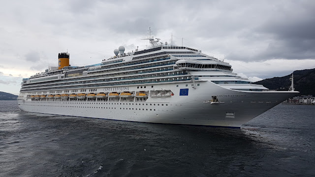 Cruise ship Costa Favolosa departs her berth in Bergen, Norway; Costa Cruises