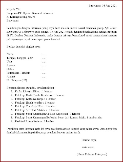 Contoh Application Letter Untuk Satpam (Fresh Graduate) Berdasarkan Informasi Dari Media Sosial