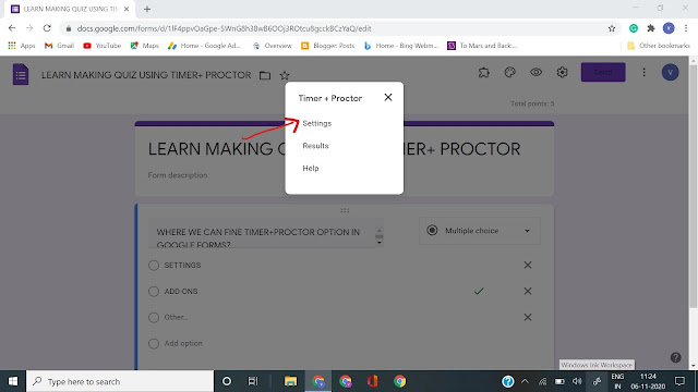Screenshot of google forms with Arrow pointing to settings option in timer + proctor