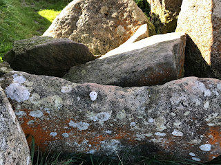 A photo of a small, ceramic skull (Skulferatu #85) lying on one of the rocks that make up the Giants' Graves. Photo by Kevin Nosferatu for the Skulferatu Project.