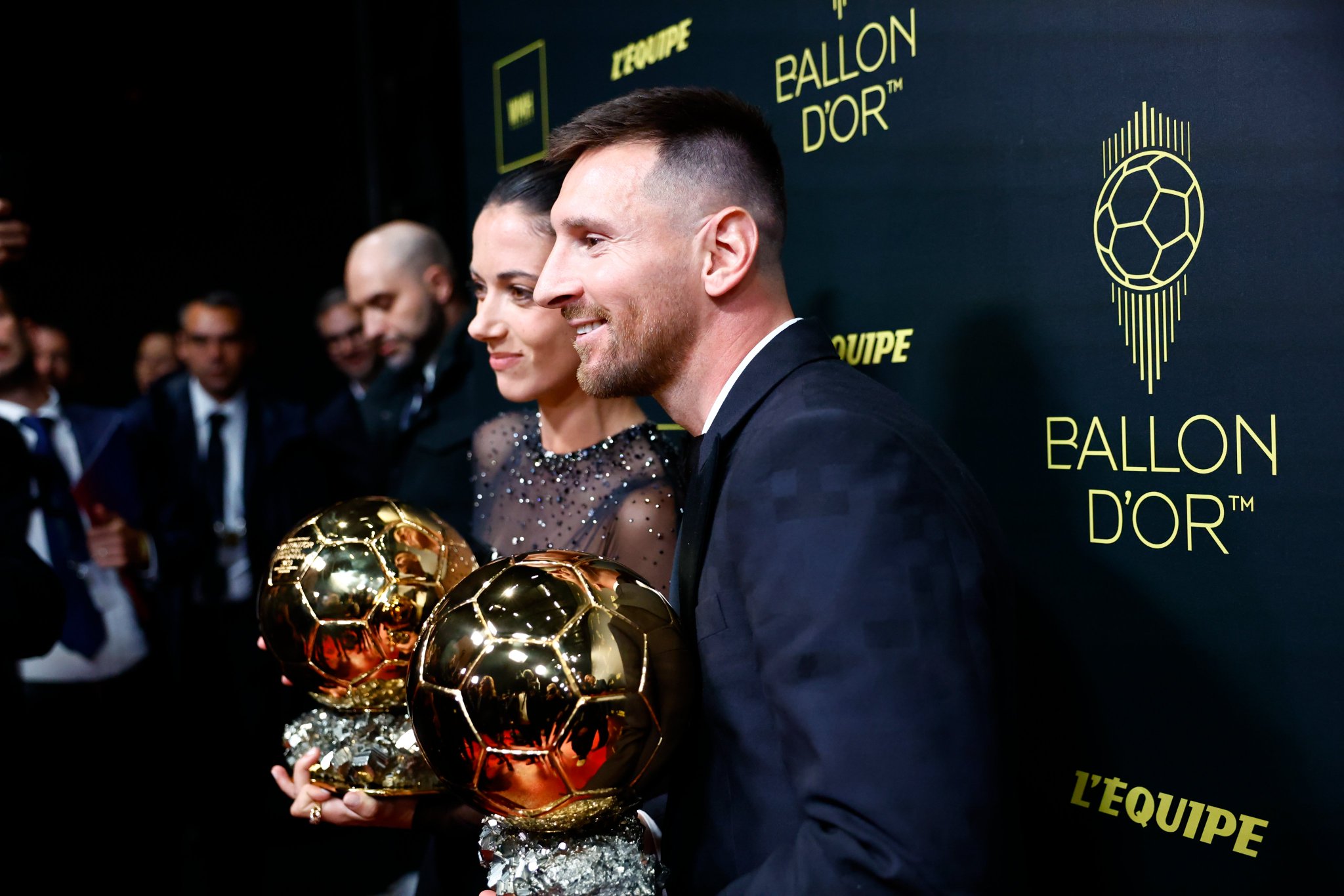 Lionel Messi (Men's Ballon d'Or 2023 winner) and Aitana Bonmati (Women's Ballon d'Or 2023 winner)