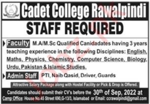 Latest Cadet College Education Posts Rawalpindi 2022