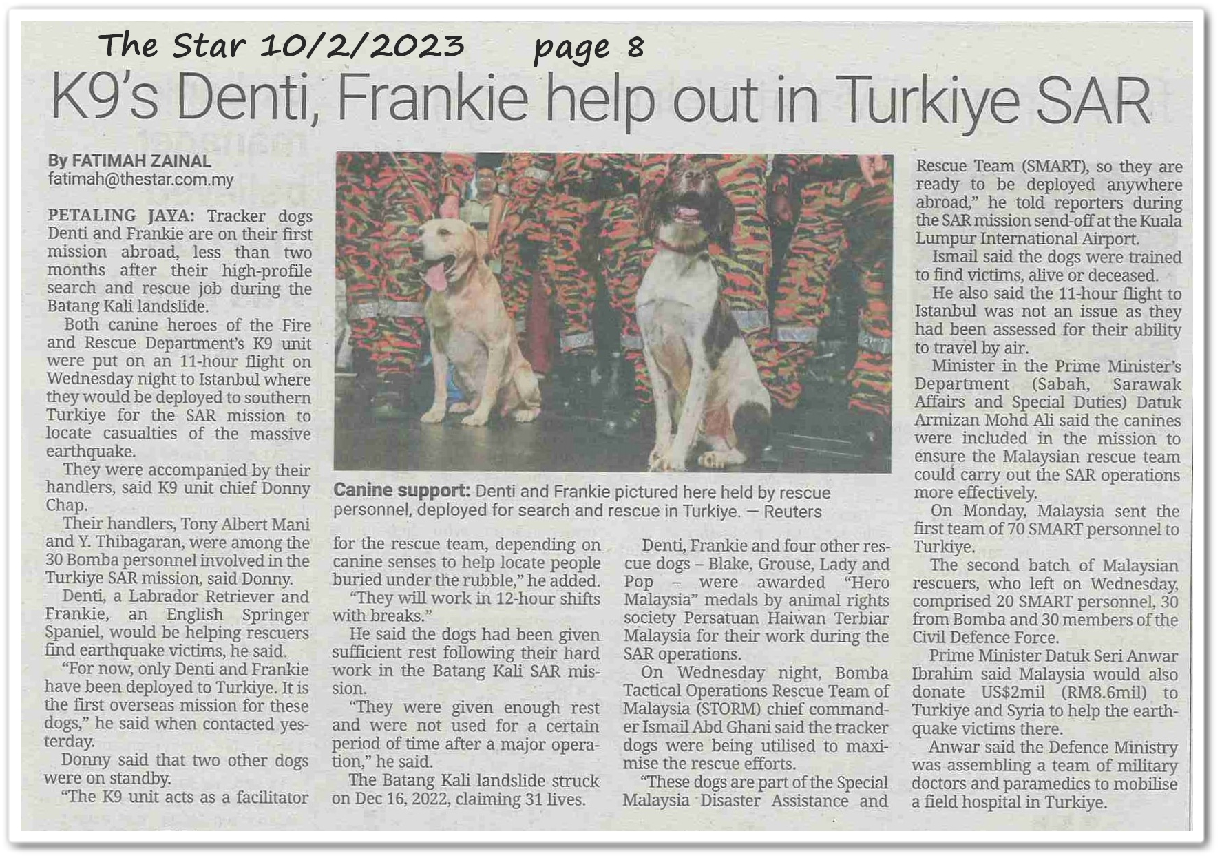 K9's Denti, Frankie help out in Turkiye SAR - Keratan akhbar The Star 10 February 2023
