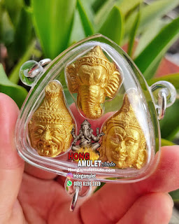 Amulet 3 in 1 Blessing LP Boonmon ganesha lersi lak na thong golden face