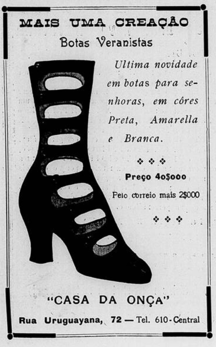 Anúncio de 1911 apresentando a linha de calçados da loja Casa da Onça