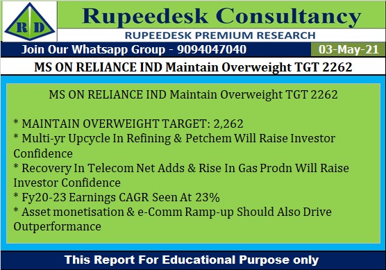 MS ON RELIANCE IND Maintain Overweight TGT 2262 - Rupeedesk Reports - 03.05.2021