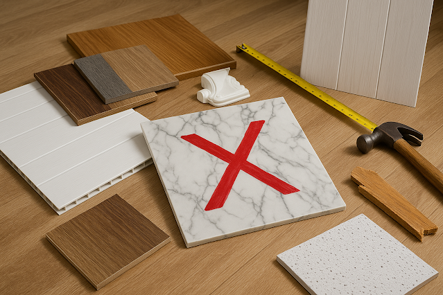 Beragam sampel material interior seperti panel PVC, marmer sintetis, HPL, dan list molding ditata di lantai kayu dengan satu panel bermotif marmer bertanda silang merah sebagai simbol kesalahan.