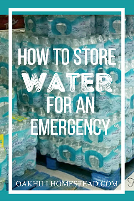 A pallet of bottled water in a store. TEXT: How to store water for an emergency.