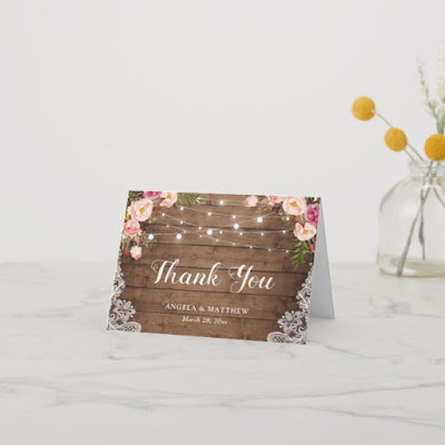  Rustic Pink Floral Lace String Lights Thank You Card