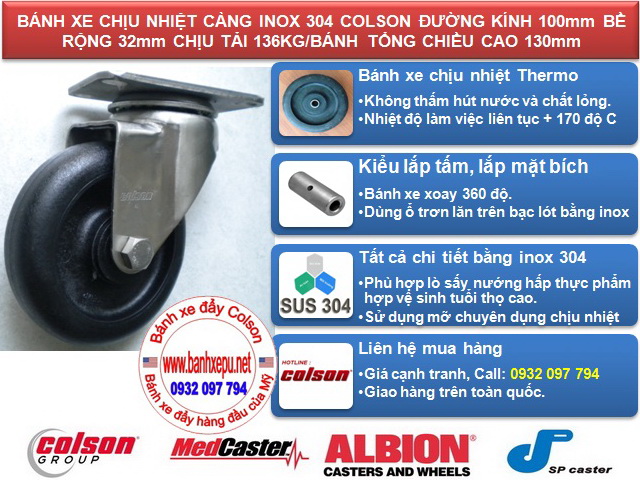 Bánh xe chịu nhiệt càng inox 304 xoay Colson Caster | 2-4456-53HT www.banhxedayhang.net