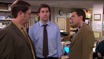 The Dwight Schrute and Andy Bernard duel challenge for Angela