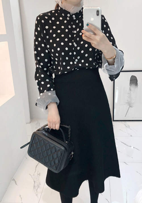 Mesh Trim Polka Dot Blouse And Midi Skirt (Set)