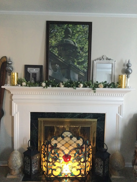 Fireplace screen, rose garland, pineapple finial