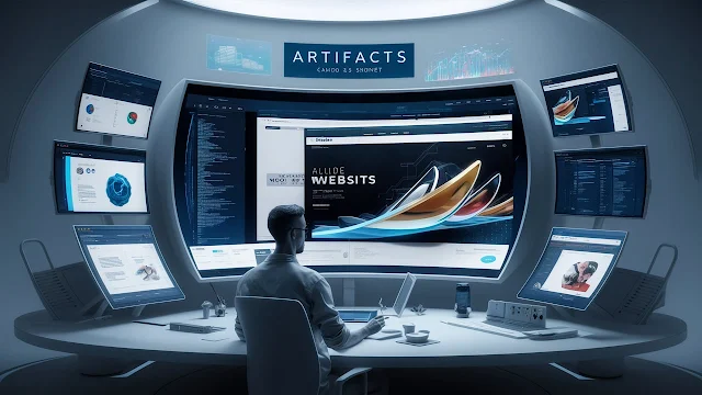 a futuristic workspace centered around the "Artifacts" feature of Claude 3.5 Sonnet. The scene should feature a large, curved desk or workstation with multiple high-resolution displays.  On the main central display, show a chat interface with the Claude 3.5 Sonnet AI conversing with a user.