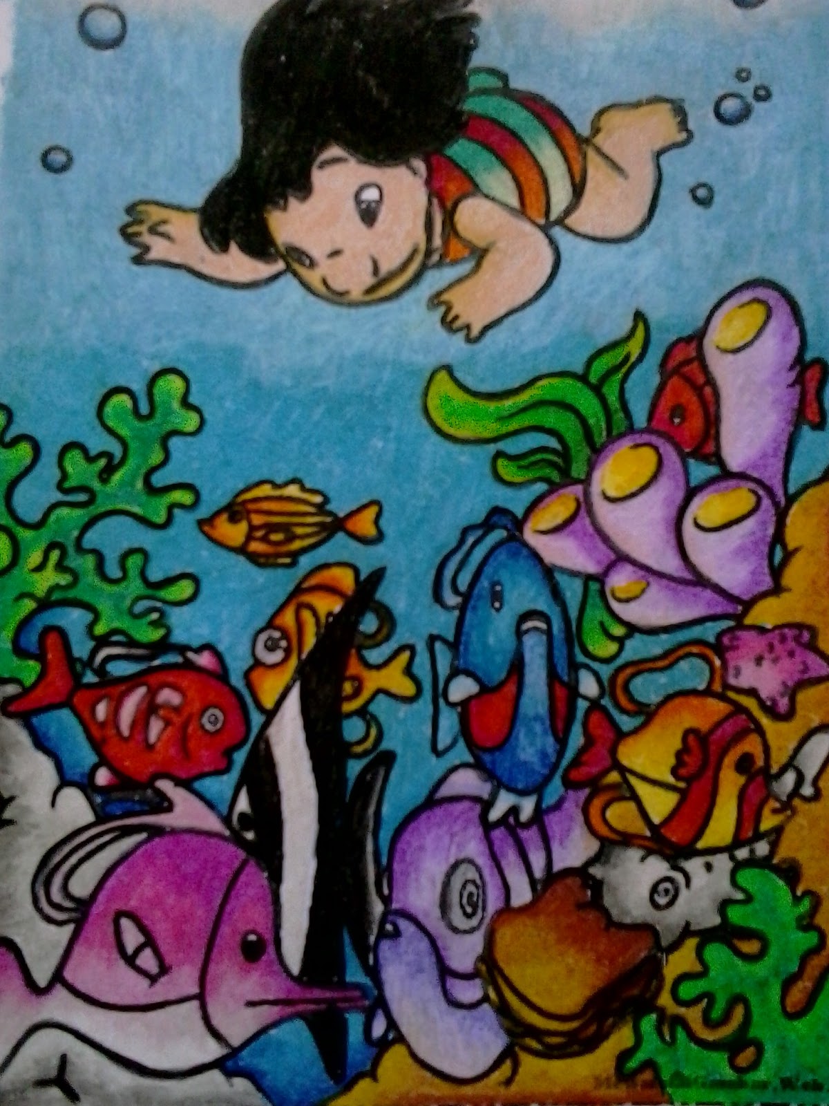 Coloring And Drawing Mewarnai Pemandangan Laut Dengan Crayon