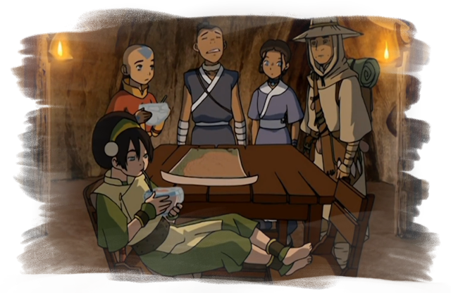 A shot of Aang, Katara, Sokka and another man are talking while looking down at a map on the table. Meanwhile, Toph is sitting on the other side of the table, completely disinterested as she sips from a large ice cup with her feet up on another chair.