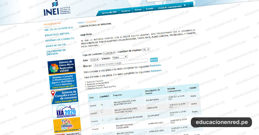 INEI Convocatoria JULIO 2021 - Diversos Puestos para Supervisor, Entrevistadores, Monitor de Campo, Asistente Administrativo, Coordinador Líder de Local - Encuesta Nacional y Evaluación de Docentes 2021- www.inei.gob.pe