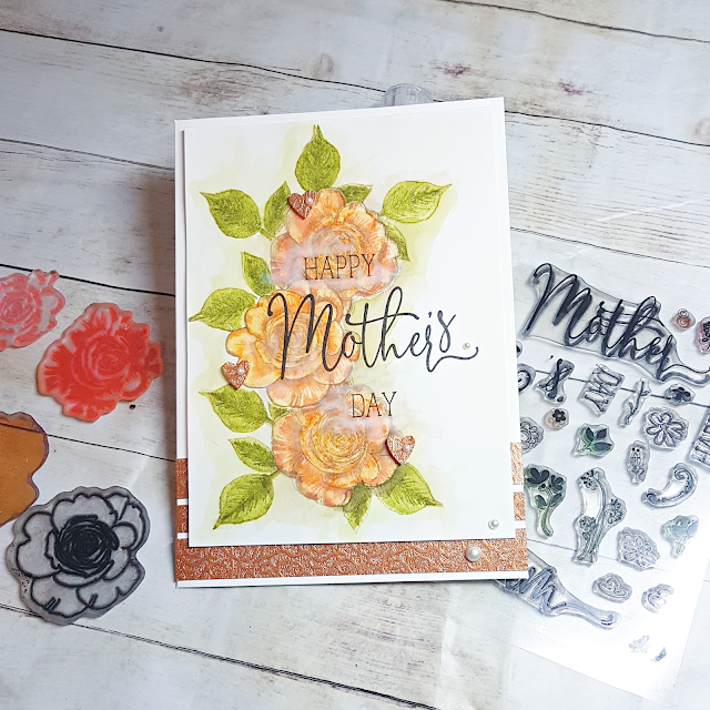 Polkadoodles Spring Rose transitional layering stamps . Card idea by Lou Sims