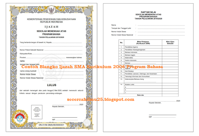 Blangko Ijazah SMA Kurikulum 2006 Program Bahasa