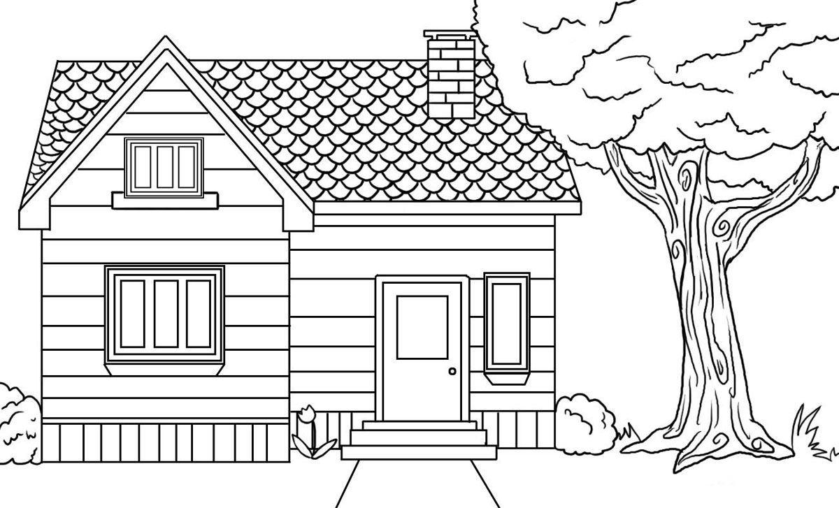 Page De Coloriage Grand Format   Imprimer Une Grande Maison Familiale Avec Arbre