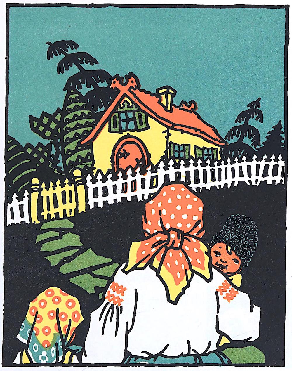 a a Maud & Mishka Petersham children's book illustration about a family coming home