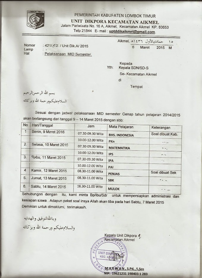 Jadwal Pelaksanaan Mid Semester Tahun Pelajaran 2014/2015