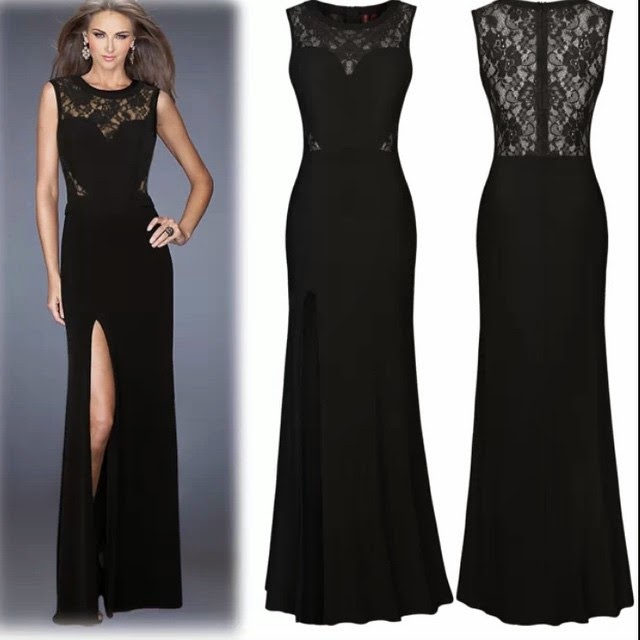 Black lace maxi dress with opening in skirt