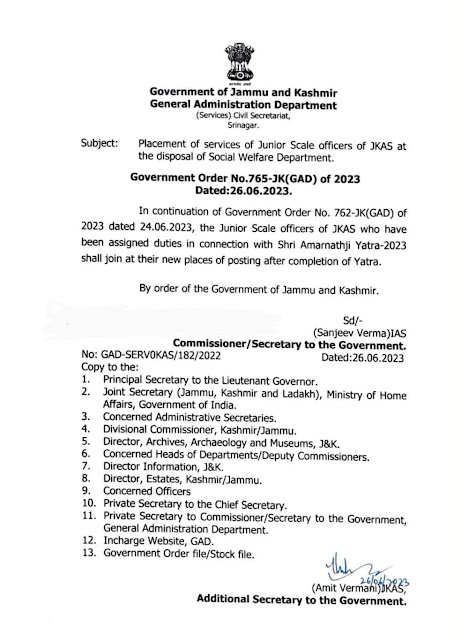 Placement of services of Junior Scale officers of JKAS at the disposal of Social Welfare Department
