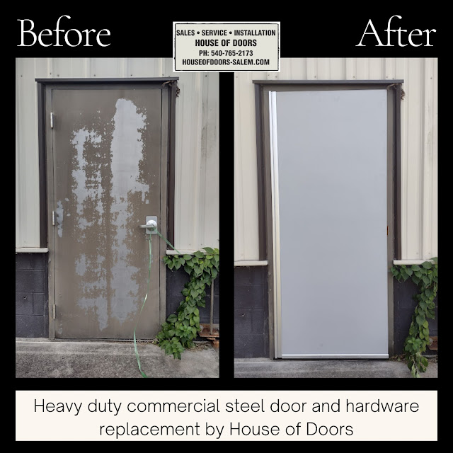 Before and After heavy duty commercial steel door and hardware replacement by House of Doors