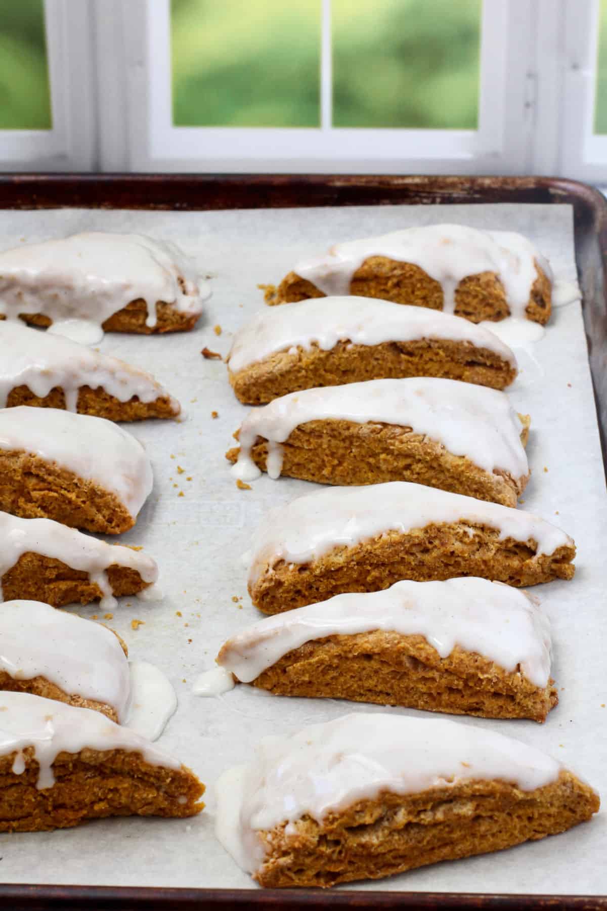 Pumpkin Scones on a baking sheet.